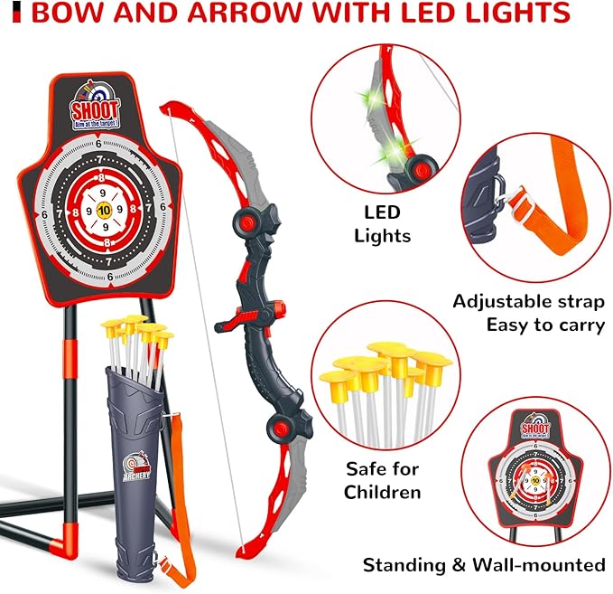 GMAOPHY Bow and Arrow for 5 6 7 8 9 10 11+ Year Old Boys, Birthday Gift for Kids, Indoor Outdoor Activity Toys, 2 Pack LED Light Up Archery Toy with 20 Suction Cup Arrows, Standing Target, 2 Quiver