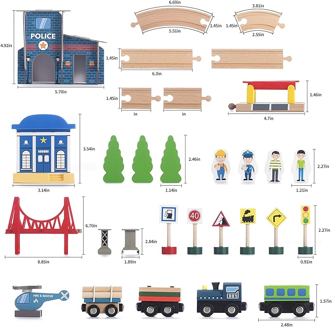 Wooden Train Set 65PCS, Toy Train Sets with All-Wood Double Sided Train Tracks for Boys & Girls Fits Thomas, Brio, Melissa and Doug...(65PC)