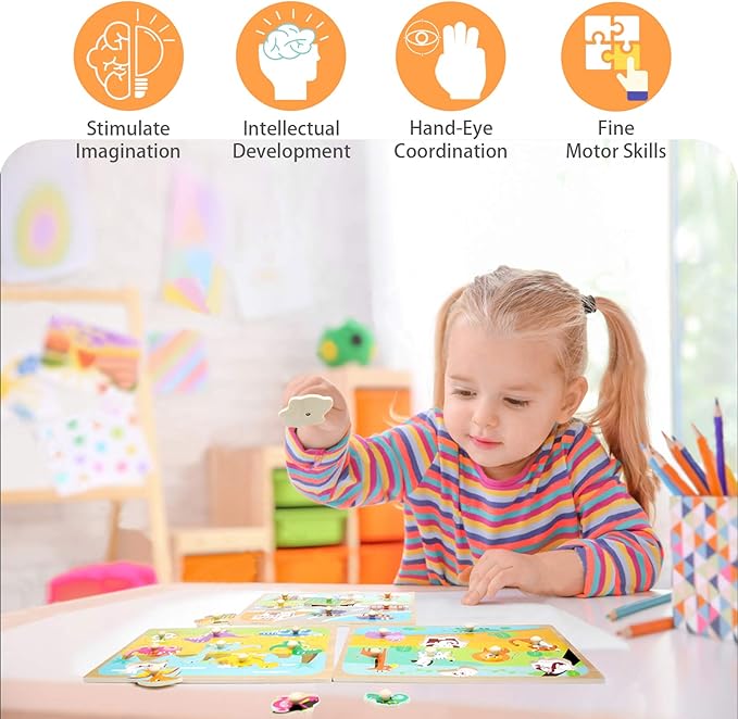 WOOD CITY Toddler Puzzles and Rack Set, Wooden Peg Puzzles Bundle with Storage Holder Rack, Educational Knob Puzzle for Kids Age 2 3 4 Years - Alphabet Number Shape Dinosaur Animal Vehicle