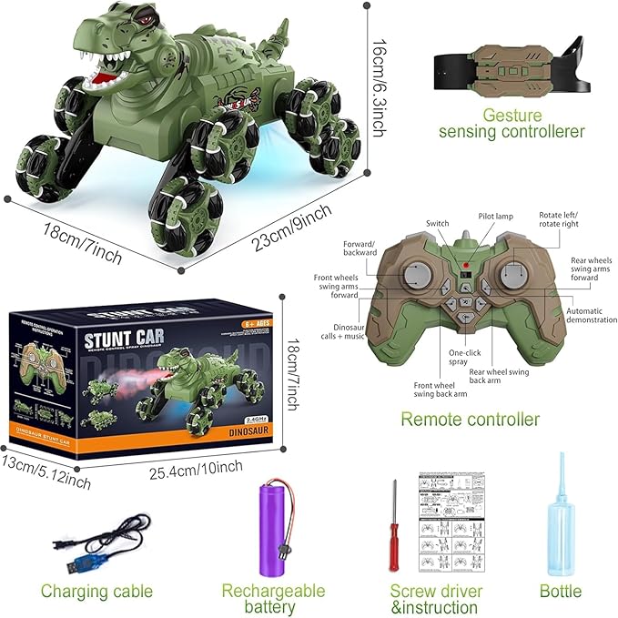 Dinosaur Remote Control Car, Monster Truck Toy, Transformer RC Car for Kids Ages 8-12, with Cool Lights, Roar, Spray, 360ยฐ Rotation, for Boys Girls.