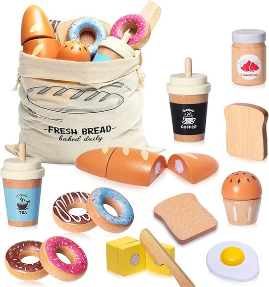Wooden Bakery Playset Food Toys, Kids Pretend Play Food Baking Set Kitchen Accessories with Storage Bag, Pretend Play Bread Cutting Food for Boys Girls 3+