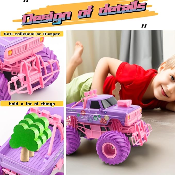 Remote Control Car, All - Terrain RC Off - Road Truck, 1:16 Scale Hobby Monster Truck Toys 2.4GHz Vehicles Gifts,Remote Control Car for Girls Age 6-8-12, Pink and Purple