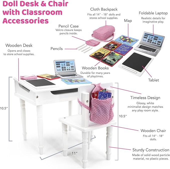 Playtime by Eimmie 18 Inch Doll Furniture School Desk & Classroom Set – White, Wooden Playset with Educational Accessories, Fits American, Generation, My Life & Similar 14”-18” Dolls