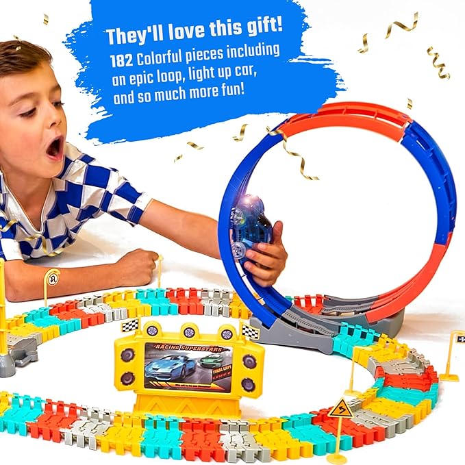 JITTERYGIT Race Track and Dinosaur Track Christmas Bundle Gift, Glow in The Dark Flexible Racing STEM Vehicle Play Set, Magic Racetrack Present for Boys, Girls, Toddler Ages 3 4 5 6 7 8 9 Years Old