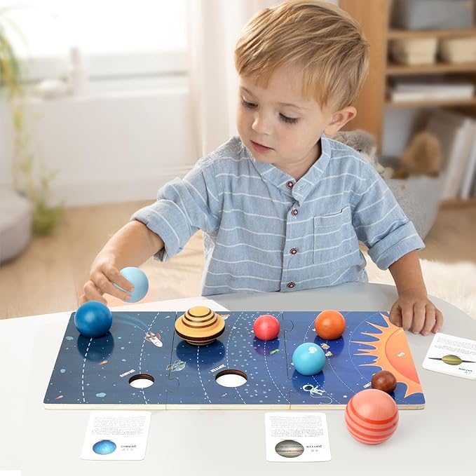 Wooden Solar System Model Board, Montessori Toys Planets Puzzle Science STEM Space Learning for Kids 4-8 with 3D Planets Models, Prechool Educational Gift for Boys Girls