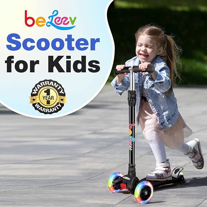 BELEEV A2 Scooters for Kids 3 Wheel Kick Scooter for Toddlers Girls Boys, 4 Adjustable Height, Lean to Steer, Light up Wheels, Extra-Wide Board, Easy to Assemble for Children Gift Sport Toys Ages 3-12