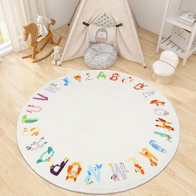 Round ABC Kids Rug,5.2 ft Animal Alphabet Playroom Rug,Washable Non-Slip Cute Nursery Rug for Kids Room,Educational Kids Play Rug Classroom Carpet for Playroom Kids Room Bedroom Decor