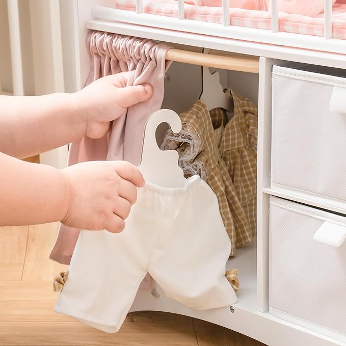 ROBOTIME Baby Doll Crib, Wooden Doll Bed, Toy Baby Crib with Storage, Bedding, and Wooden Hooks, Doll Crib Fits Dolls up to 21", Doll Furniture for American Girls Ages 3+ (Pink)