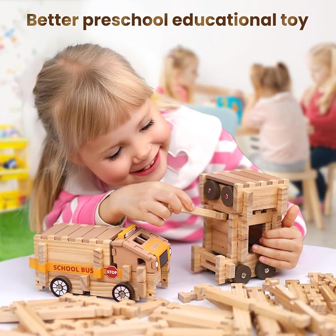 Jovi-mindly&Notchies Wooden Blocks Train Set 101 PCS Create 40+ Shapes,Toys Educational Wooden Building Blocks Puzzles for Kids Ages 5-8 Boys and Girls,Truck/Excavator,FSC Certified,Graduate Gifts