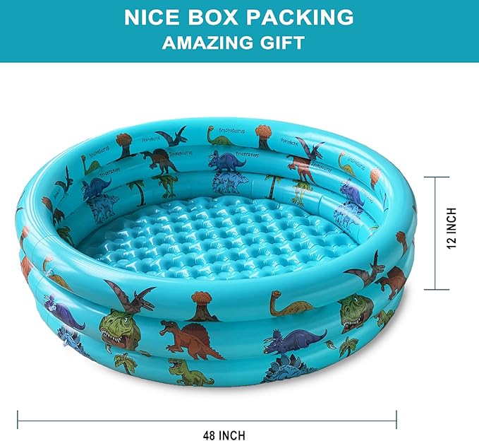 Dinosaur Inflatable Baby Pool - Small Toddler Blow Up 3 Rings Round Pad Pool, Outdoor/Indoor Play Center with Ball Pit & Toys - 48'x12'