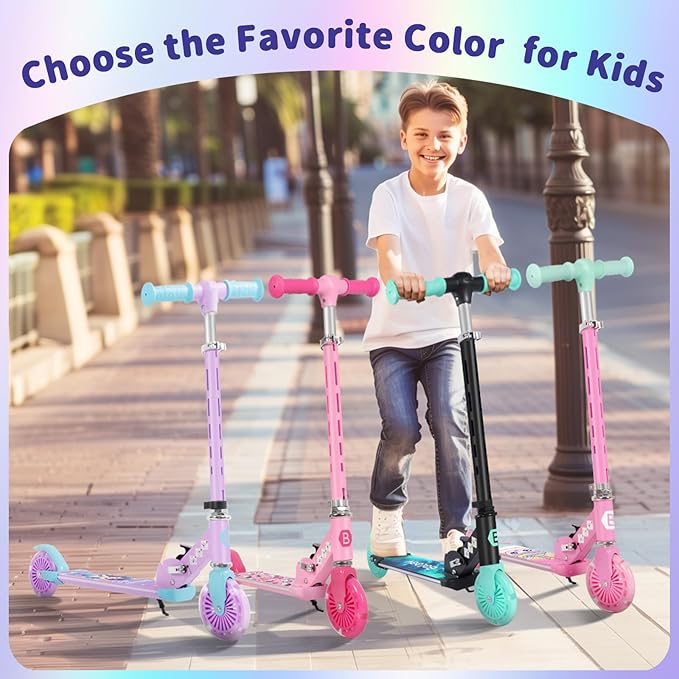 BELEEV V3 Scooter for Kids with Light-Up Wheels & Stem & Deck, 2 Wheel Folding Scooter for Girls Boys, 4 Adjustable Height, Lightweight Kick Scooter with Handy Kickstand for Children Ages 3-12