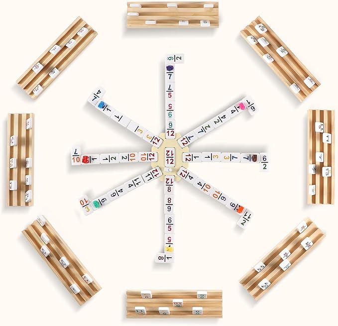 Mexican Train Dominoes Set with Numbers and 8 Wooden Trays/Racks, Double 12 Dominos Travel Set with 8 Tiles Holders, 91 Tiles Double 12 Colored Dominoes Game Set with Portable Case for Families Kids