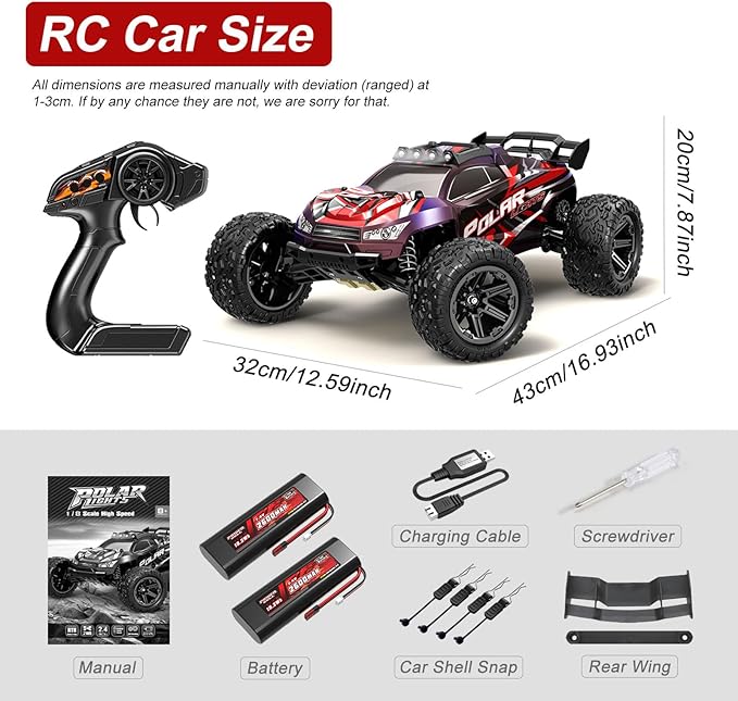 1:8 Fast RC Cars for Adults, 45KM/H High Speed Off-Road Remote Control Truck, 2.4GHz All Terrain RC Car with LED Lights, 2 Rechargeable 2600mAh Batteries, Waterproof, Gift for Men Kids