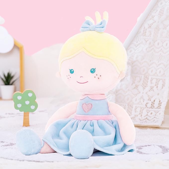 Onetoo Soft Baby Doll for Girls Plush Rag Doll Sleeping Cuddle Buddy Doll First Baby Doll Wear Blue Love Dress 14"