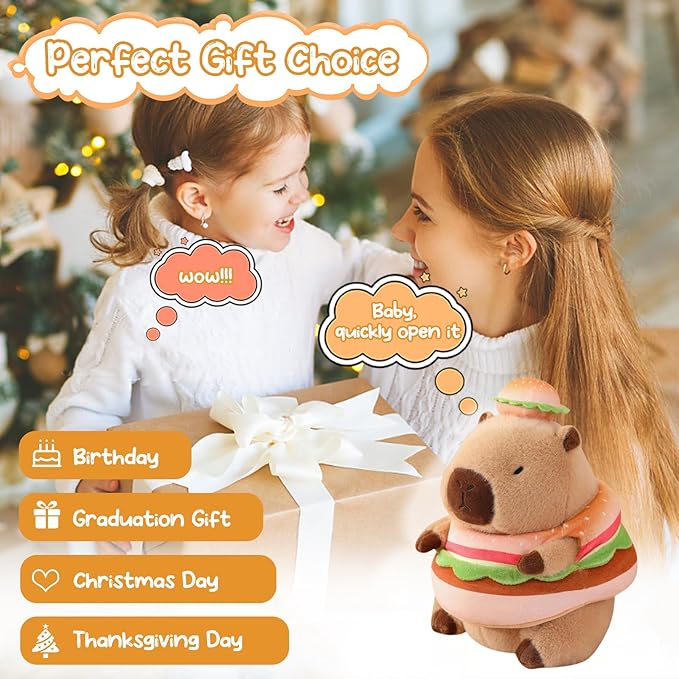 Capybara Plush Toy Kawaii Stuffed Animals with Hamburger Costume Soft Cute Plushies Capybara Doll for Girls Boys Kids Birthday Valentine Gift Room Decor 12 Inch