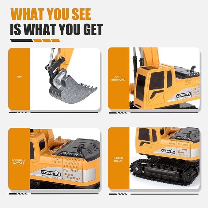 Remote Control Excavator Toys for Boys, RC Excavator Toy for Boys 3 4 5 6 7 8 Year Old Kids Christmas Birthday Gift,RC Digger Truck Construction Vehicles with Metal Shovel & Light