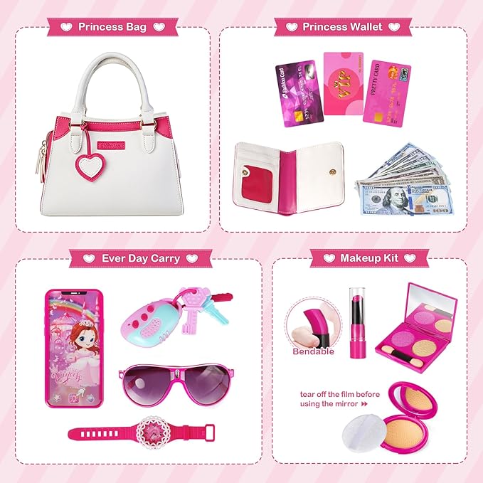 Shemira Play Purse for Little Girls, Princess Pretend Toys for Girls 3 4 5 6 7 8 Years Old, Christmas & Birthday Gift for Girls Age 3-5 4-6 6-8, Toddler Purse with Accessories, Kids Toy Purse, White