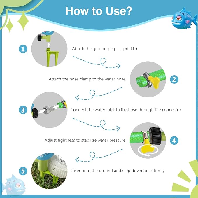 MoKo Water Sprinkler for Kids, Piranha Toddler Outdoor Toys with 4 Wiggle Tubes and Hose Clamp, Outdoor Play Toys Spray Up to 8ft, Summer Water Toys Sprinklers for Yard Lawn Garden Pool, Blue
