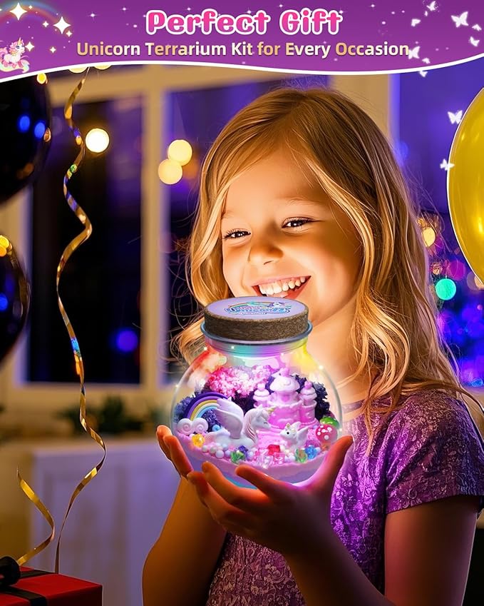 Light-Up Unicorn Terrarium Kit for Kids, DIY Arts & Crafts Gift for Girls Ages 4 5 6 7 8-12 Year Old, LED Night Light with Remote, Best Birthday Easter Unicorn Toys Gifts for Girls Kid