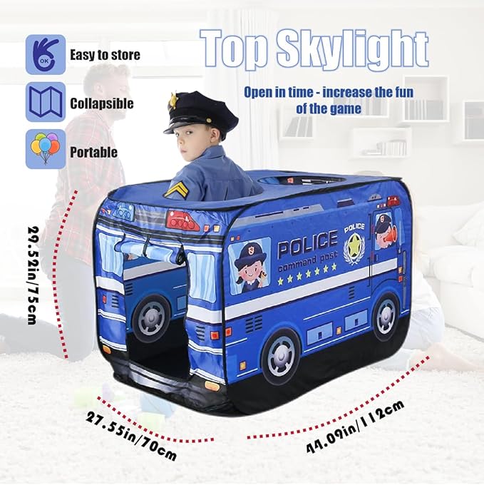 Pop Up Tent for Kids.Police car Tent.Large, Easy to Organize Police Toys.Police Gear for Kids.Boys and Girls Imaginative Play.Indoor Outdoor Pretend Play