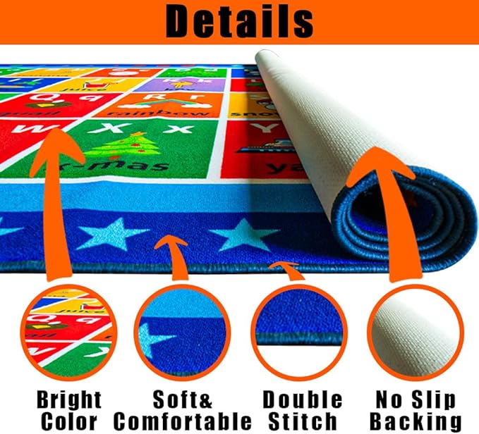ABC Classroom Rug, Large Classroom Rugs Elementary, Preschool&Daycare Rugs for Classroom,Learning Alphabet Educational Rugs for Kids Playroom, Nursery(13'x7'7'', Blue)