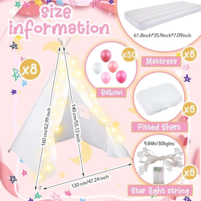 8 Pack Sleepover Tent for Girls Party,Teepee Tent for Kids Slumber Party Bulk with Light String,Air Mattress,Fitted Sheet,Washable Natural Cotton Toddler Teepee for Indoor Outdoor(White)