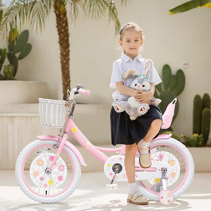 Girls Bike with Basket for Toddlers and Kids Aged 3-14 Years Old, 14 16 18 Inch with Training Wheels & Doll Seat, 20 Inch with Kickstand & Rear Rack, Princess Style Bicycle for Gift