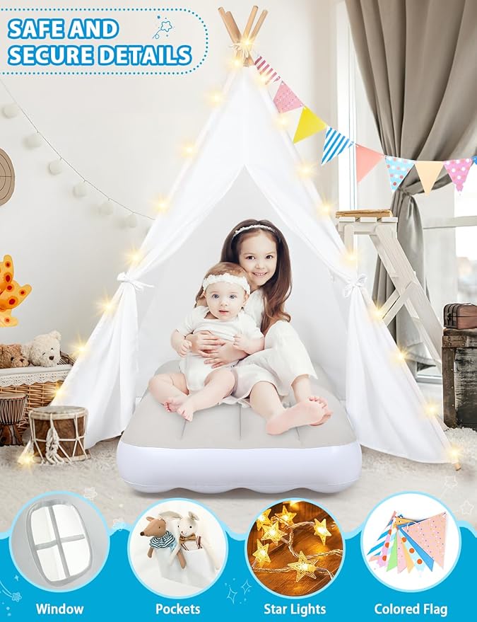 wilwolfer 6 Pack Kids Teepee Tent Bulk with Light and Inflatable Airbed, Natural Cotton Toddler Play Tent for Girls Boys Indoor Outdoor Sleepover Slumber Party Birthday Gifts