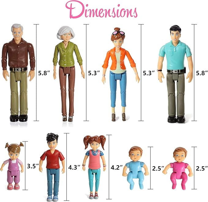 Sweet Li'l Family Dollhouse People Set of 9 Action Figure Set - Grandpa, Grandma, Mom, Dad, Sister, Brother, Toddler, Twin Boy & Girl