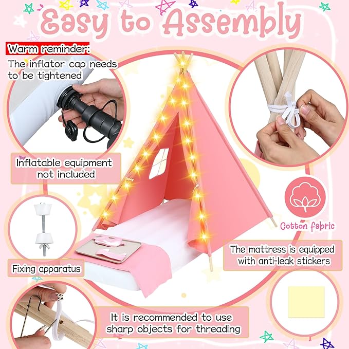 Windyun 6 Pack Kids Teepee Tent Bulk with Light and Inflatable Airbed, Natural Cotton Toddler Play Tent Washable for Girls Boys Indoor Outdoor Slumber Party Birthday Gifts (Pink)