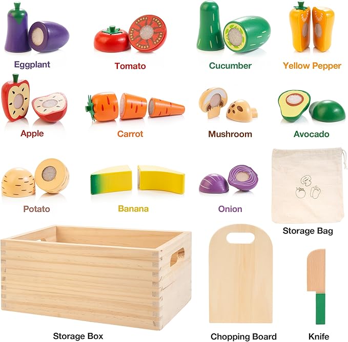 Wooden Play Food Set for Kids Kitchen | Velcro Chopping Veggies & Fruits Toy Food Set with Storage Case & Bag, Play Kitchen Accessories, Pretend Play Food for Toddlers 3+