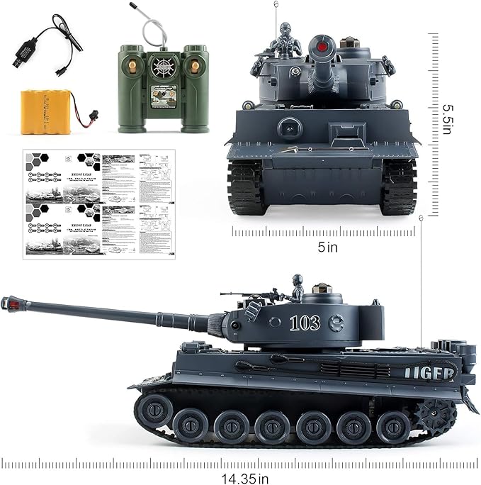 Rc Tanks,1:28 WW2 German Tiger Army Tank Toys for Boys,9 Channels Remote Control Vehicles with Sound and Light,RC Military Toys for Kids Boys Girls(Gray)