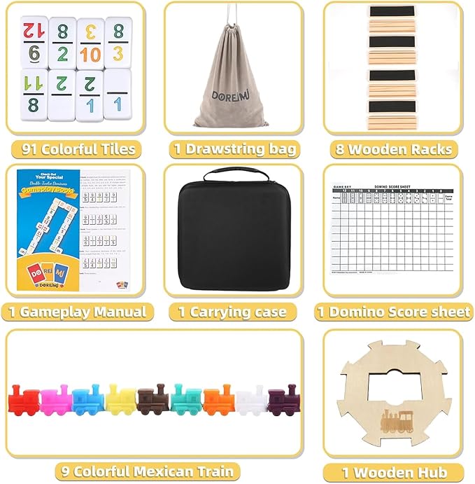 Double 12 Mexican Train Dominoes Set with 8 Wooden Racks & 91 Number Tiles Portable Travel Board Game for Kids and Adults Family Game Night