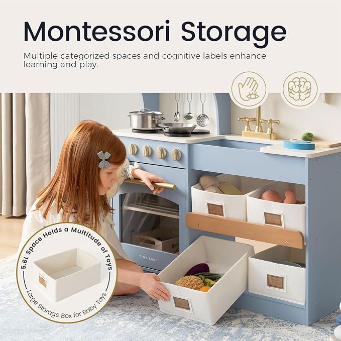 Tiny Land Wooden Play Kitchen Set - Toy Storage System, Plenty of Play Features, Ages 3+ (Blue)