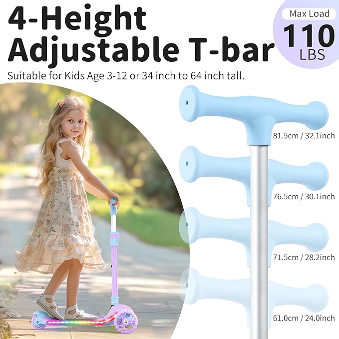 BELEEV A9 Kids Scooter with LED Light-Up Wheels & Deck, 3 Wheel Folding Scooter for Toddlers Girls Boys Ages 3-12, Adjustable Handlebar, Lean to Steer, Extra-Wide Wheels, Kick Scooter for Children