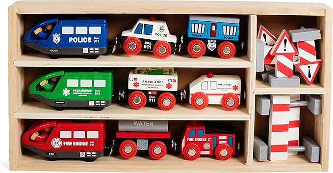 Wooden Train Set for Toddlers Battery Operated Action Rescue Trains with 3 Magnetic Motorized Engines and 6 Cars, Compatible with Thomas, Brio, Melissa and Doug