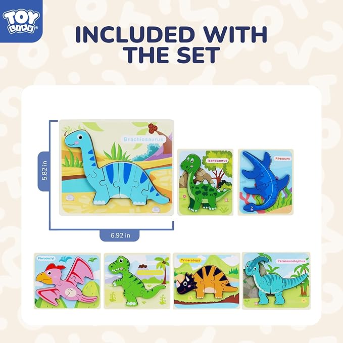 TOY Life Toddler Puzzles Ages 2-4, Wooden Puzzles for Toddlers 1-3, 7 Piece Dinosaur Puzzle 2 Year Old, Toddler Puzzles Ages 1-3, Toddler Boy Toys 2-3, Educational Toys for Toddlers 3-5