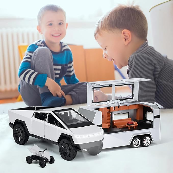 INGQU® Toy Car Alloy Diecast Pick-up Truck Model with RV & Motorcycle with Sound and Light Race Car Display Model Metal Pull-Back Vehicle 3-in-1 Camping Car Set Ideal Gift for Boys Kids Age for 3+