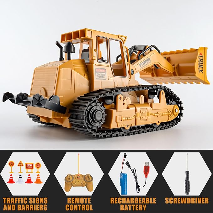 Kids-Play-Construction Bulldozer Rechargeable Engineering-Vehicle - Remote Control Bulldozer with Realistic bulldozing Shovel and Light Perfect Christmas Birthday Gift for Kids Girls Boys Ages 6-12+