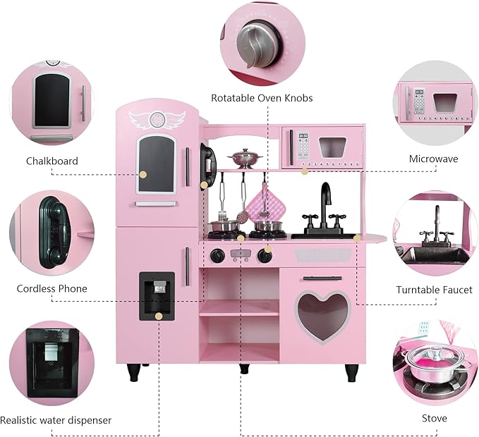 TaoHFE Kitchen Set for Kids Wooden Play Kitchen Toy Sets for Girls Gift Pink Kitchen for Toddlers Kitchen Playset Toys for Kids Age 3+ Pretend Play with Lights & Sounds (Pink)