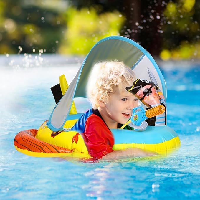 2X Thicken Inflatable Kids Pool Float with UPF 50+ Canopy Detachable,Pirate Ship Floaties with Captain & Water Gun,Swimming Pool Toys for Boys & Girls ,Toddlers ,Babies,Child,Summer Beach Outdoor Play