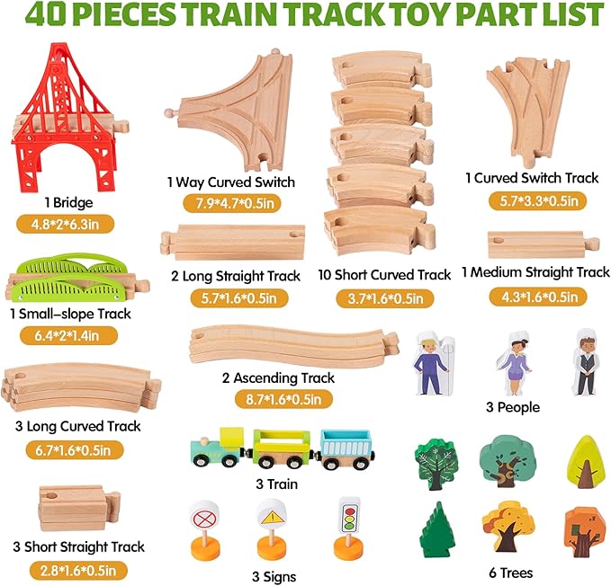 40 Pcs Wooden Train Set for Kids Ages 4-8, Wood Train Track with Magnetic Toy Train Accessories for Toddlers 3-5 Year Old Boy & Girl, Railway Set Road Sign Fit Major Brand Christmas Toy