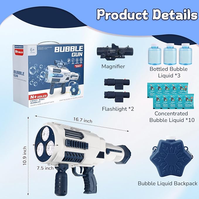 Bubble Gun, Upgrade Gatling Bubble Machine Gun Portable Bubble Maker with Backpack, Anti-Leakage Bubble Blower Gun Gifts for Boys Girls Age 3 4 5 6 7 8 9 10 11 12 Years Old (Blue)