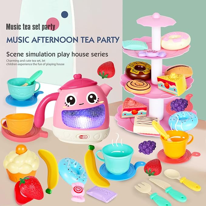Tea Set for Little Girls 1-3, 48 PCS Tea Party Set for Toddler Little Girls 3-5 with Teapot Tea Cup Music & Light Play Food Toy Kitchen Accessories for Kids Girls Children Boys Toddler Birthday Gift