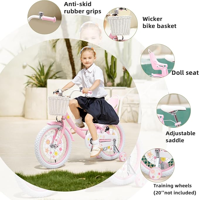 Girls Bike with Basket for Toddlers and Kids Aged 3-14 Years Old, 14 16 18 Inch with Training Wheels & Doll Seat, 20 Inch with Kickstand & Rear Rack, Princess Style Bicycle for Gift