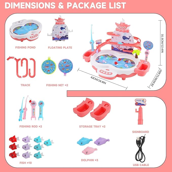 3in1 Fishing Game Toys for Kids with 34PCS Accessories Including Fishing Rod, Small Fish, Track, etc., STEM Toys with Music and Stories for Preschool Learning (Pink)
