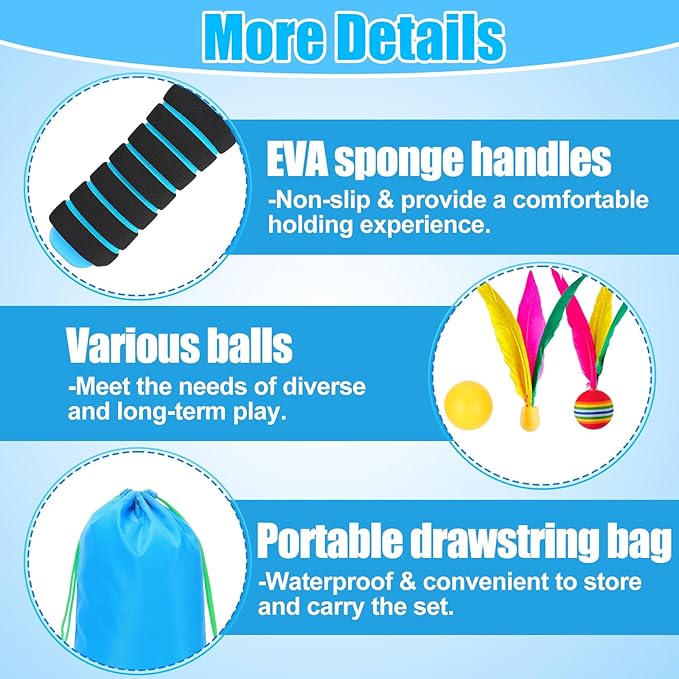 Beach Paddle Ball Set - Funny Paddleball Rackets Game, Outdoor Sports Toys for Kids Adults Family Games Beach Yard Lawn Party Supplies(4 Paddles, 13 Birdies, 4 Balls, 2 Drawstring Bags)