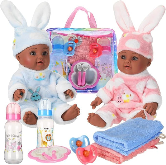 10 Pcs Realistic Twin Baby Dolls Toy Set Include 2 Pcs 12 Inch Baby Dolls, Feeding Set, Pacifiers, Doll Diapers, Bags, Milk Bottles Removable Outfit for Toddler Kids 6+ Gift(Black)