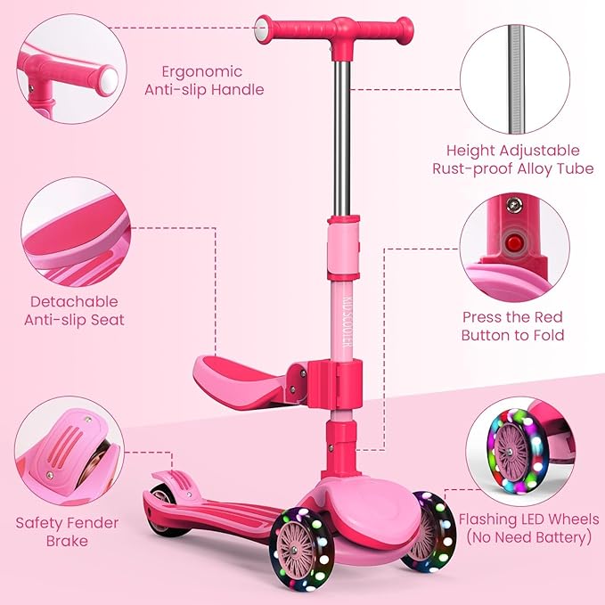2-in-1 Adjustable Kick Scooter for Kids 3-5 (Suitable 3-12 Years),5-Level Handlebar & Removable Seat, LED Light-Up Wheels, Wide Deck, Foldable Design for Indoor/Outdoor Use - Girls & Boys