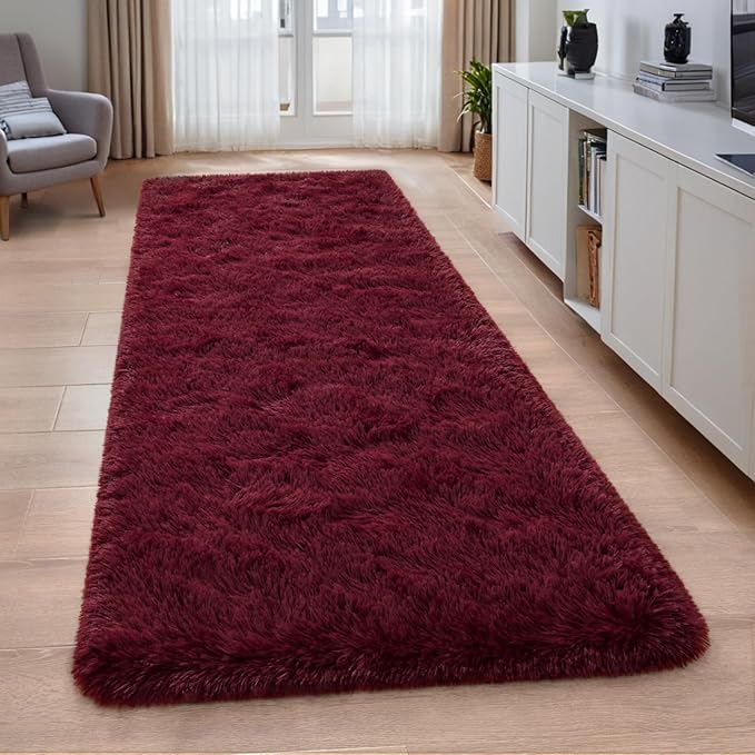 Nuttumico 2x6 Feet Ultra Soft Runner Rugs for Bedroom with Upgraded Non-Slip Rubber Backing, Fluffy Shag Throw Area Rugs for Hallways Bedside Nursery Dorm Kids Boys Girls Room, Burgundy